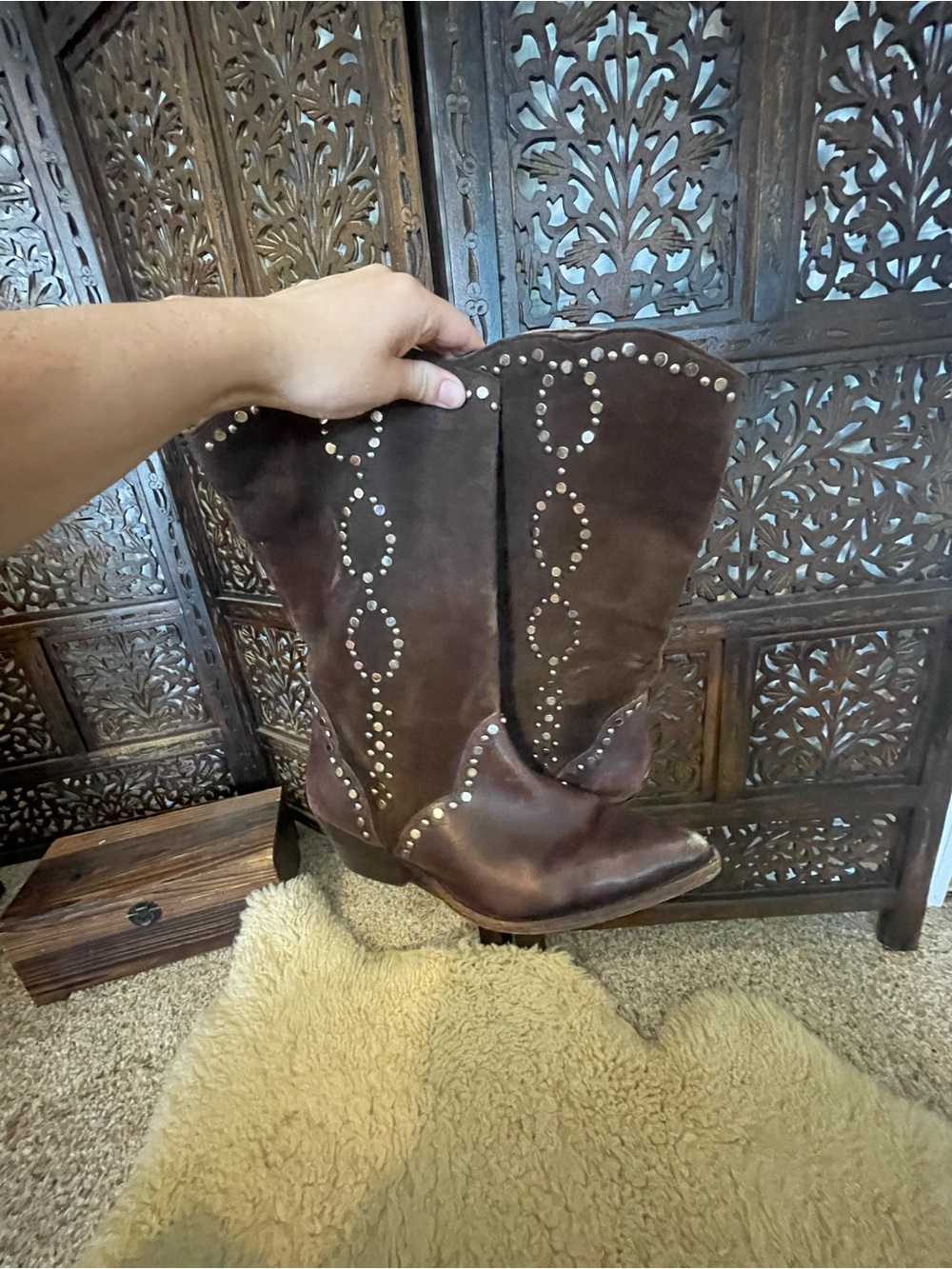 Brown Stud-Embellished Western Heeled Boots